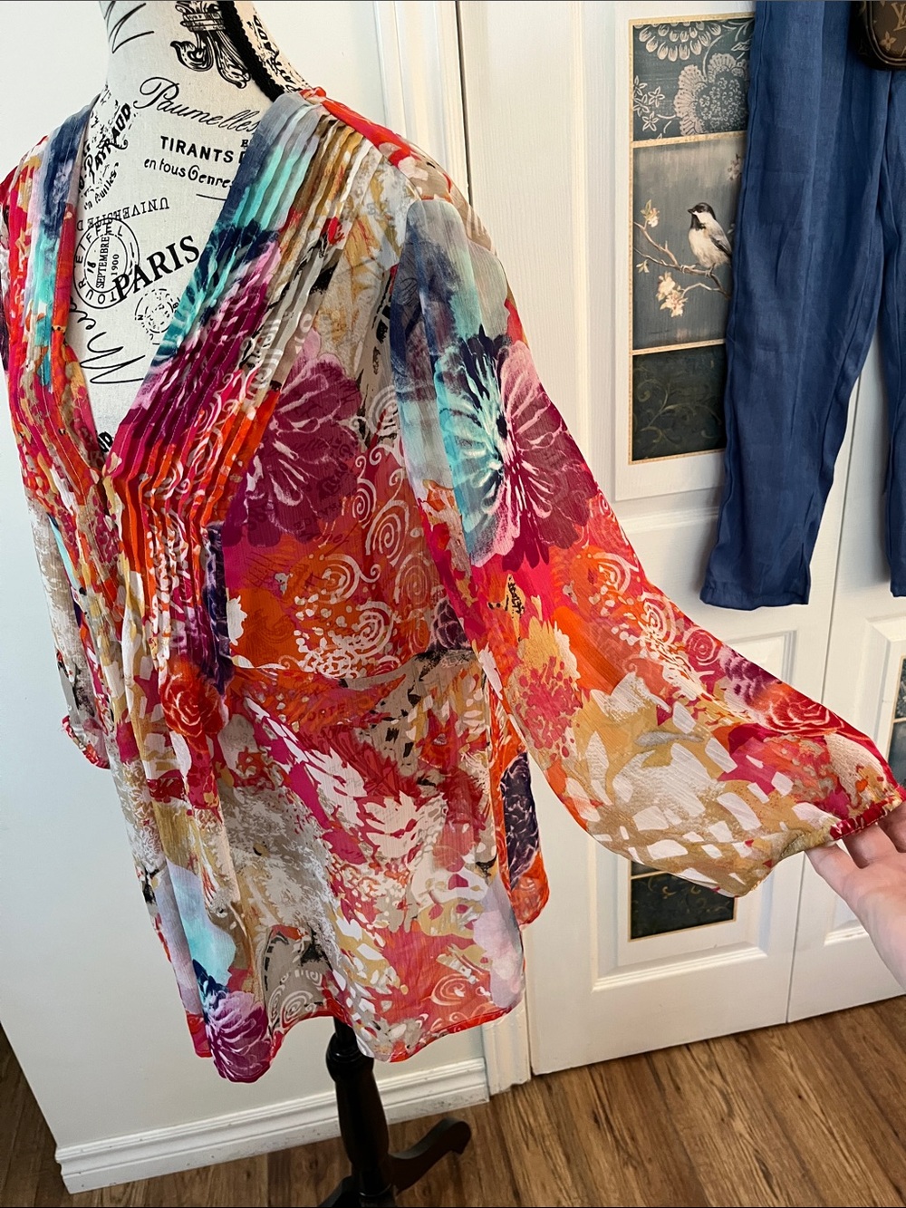 Tribal Multicolor Floral Pleated Tunic - Red, Pink, Orange, Yellow, Blue, Green - Picture 7 of 8